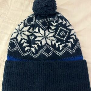 Navy and White Snowflake Knit Beanie